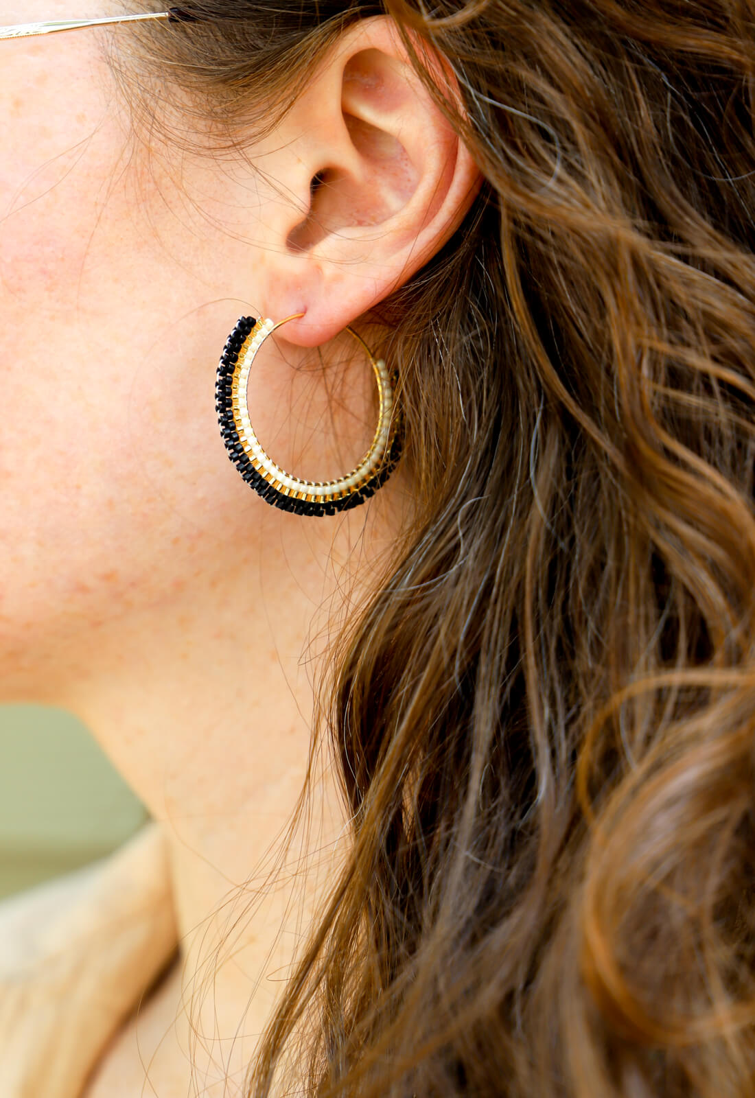 Beaded Hoop Earrings - Black and Gold