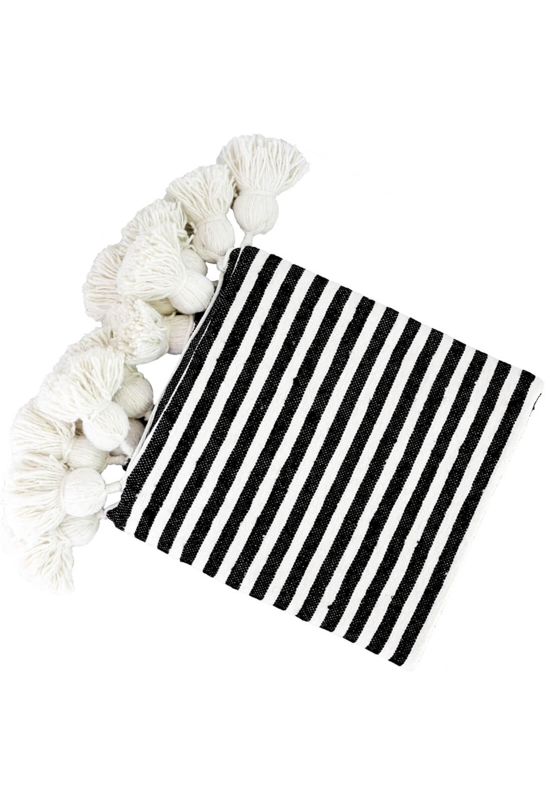 Authentic Hand Woven Moroccan Throw Blanket with Tassels - Black and White with White Tassels