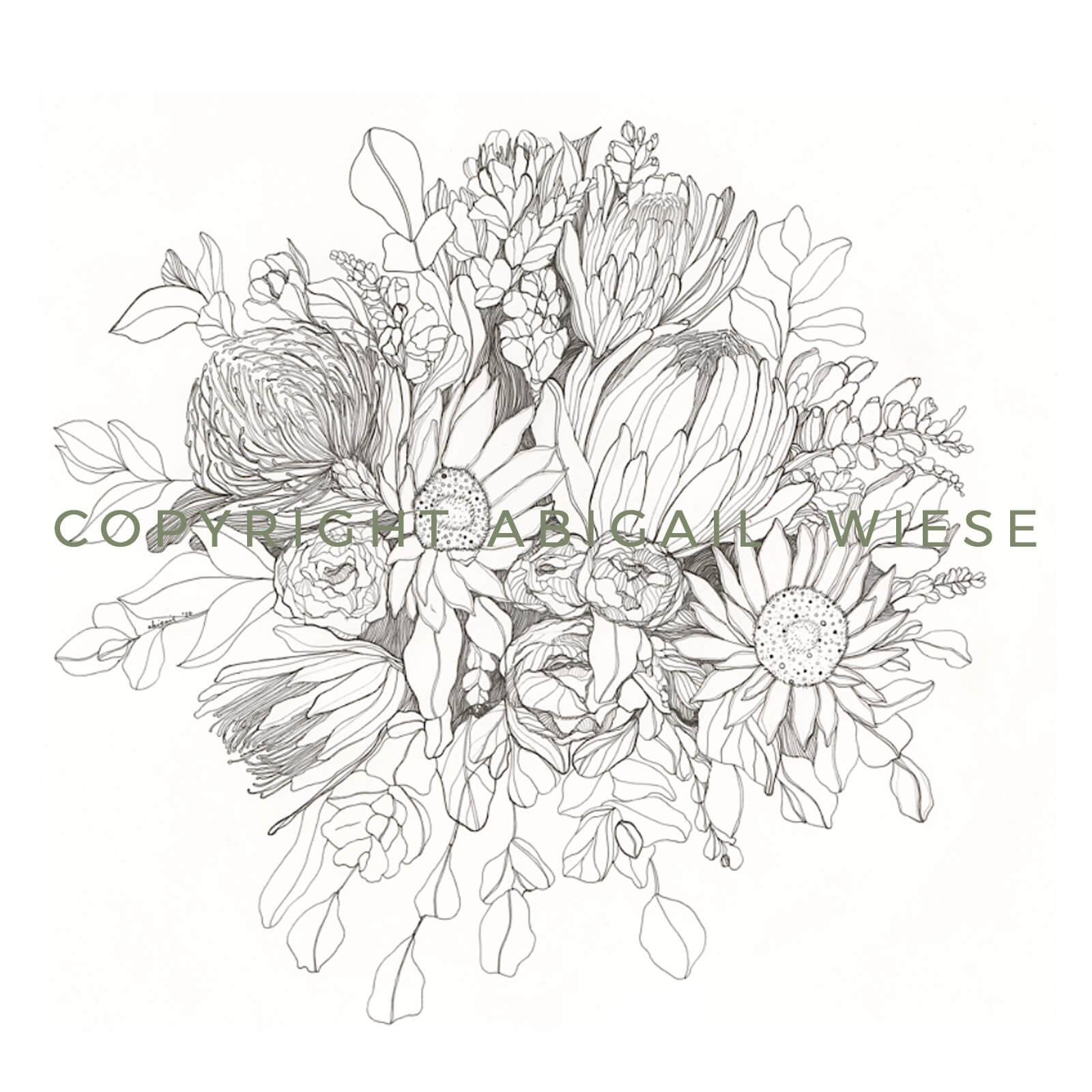 Hand Drawn Botanical Illustration Print - Floral Bouquet - 12x12