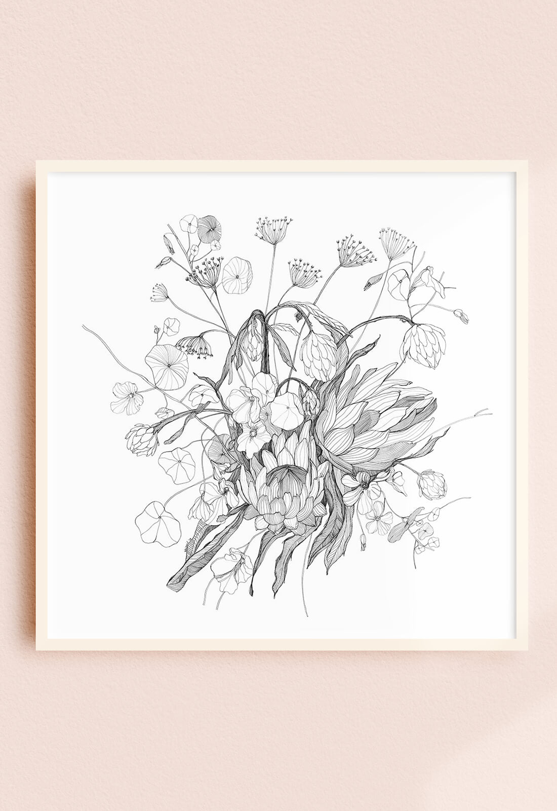 Hand Drawn Botanical Illustration Print - Protea and Nasturtiums Bouquet - 12x12