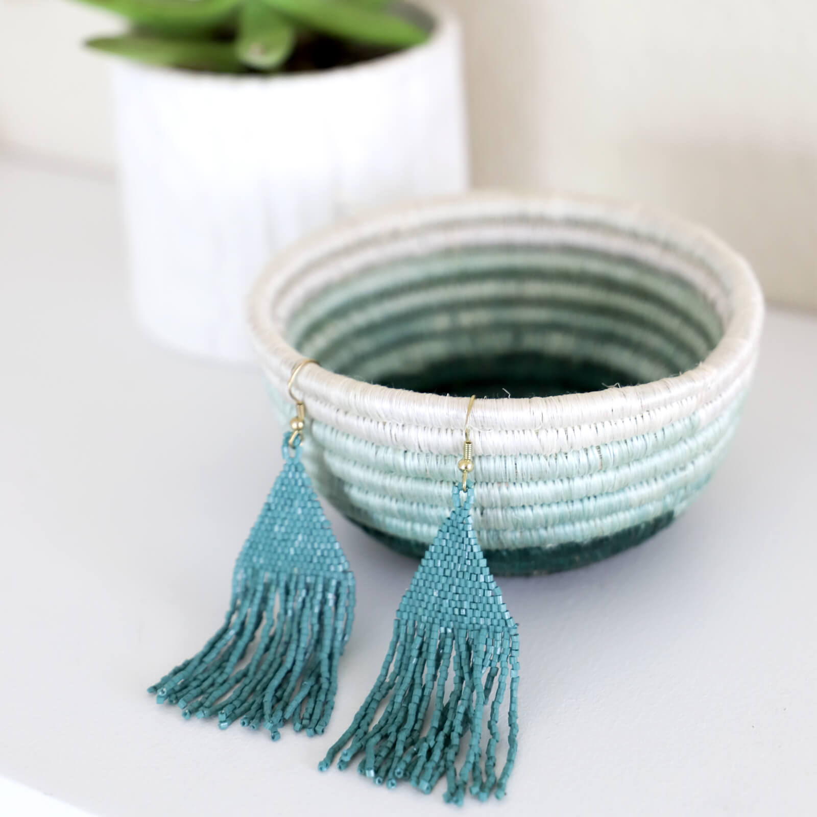 Hand Woven Tiny Catch-All Basket - Teal Ombré Stripe