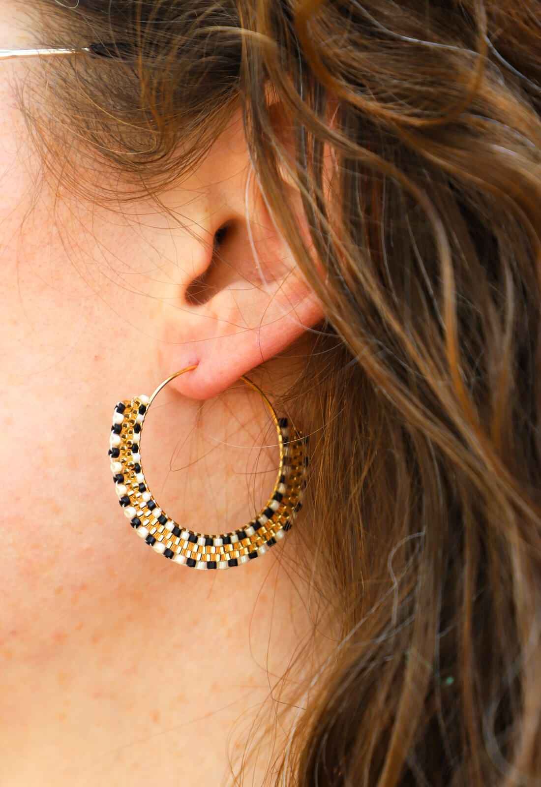 Beaded Hoop Earrings - Black and Gold Check