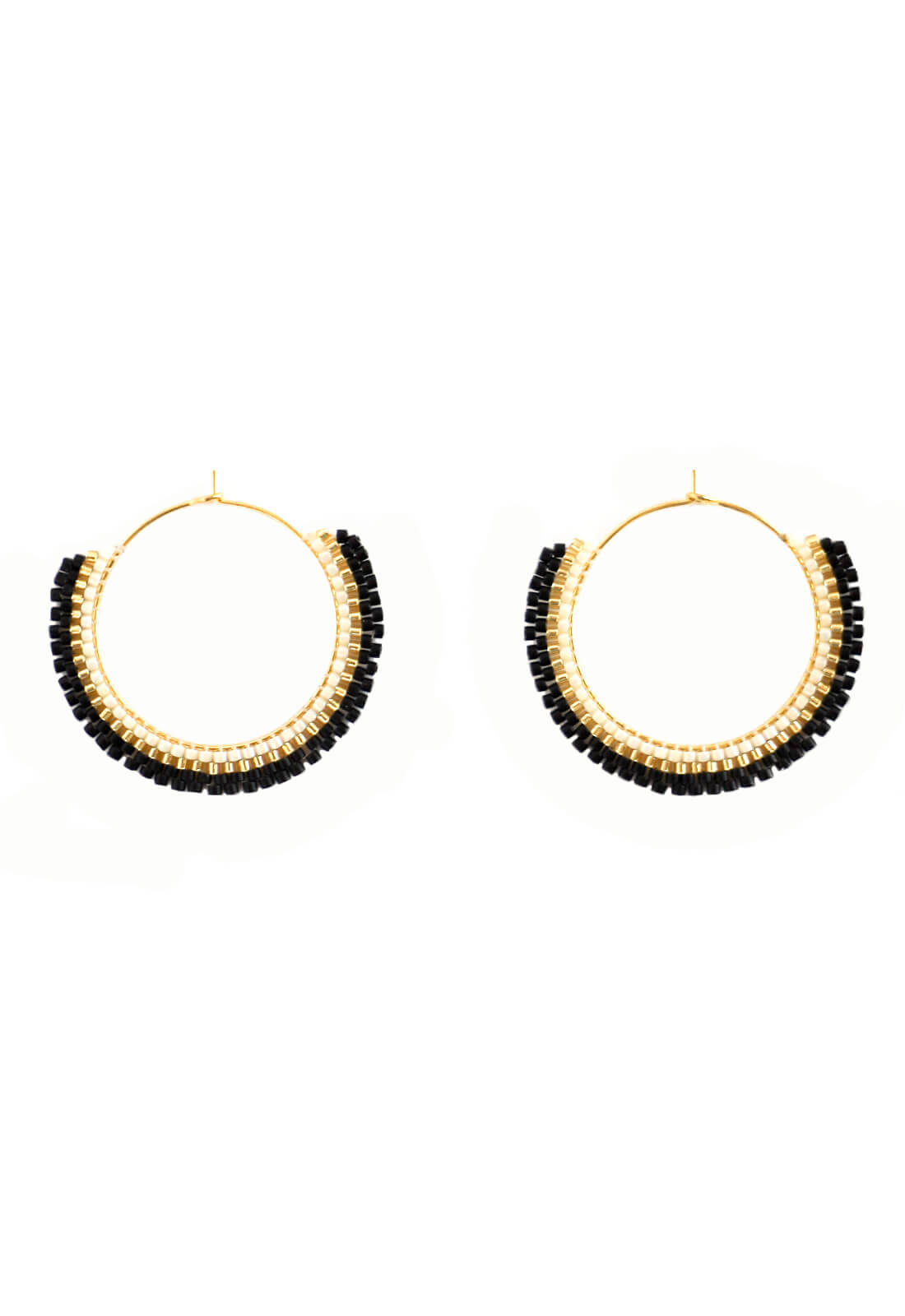 Beaded Hoop Earrings - Black and Gold