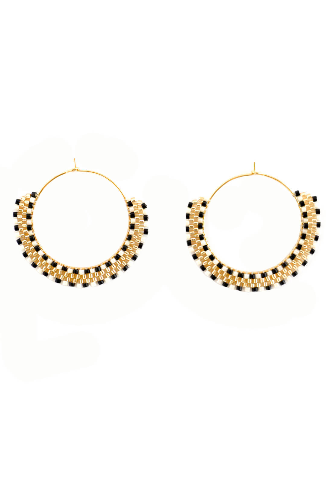 Beaded Hoop Earrings - Black and Gold Check