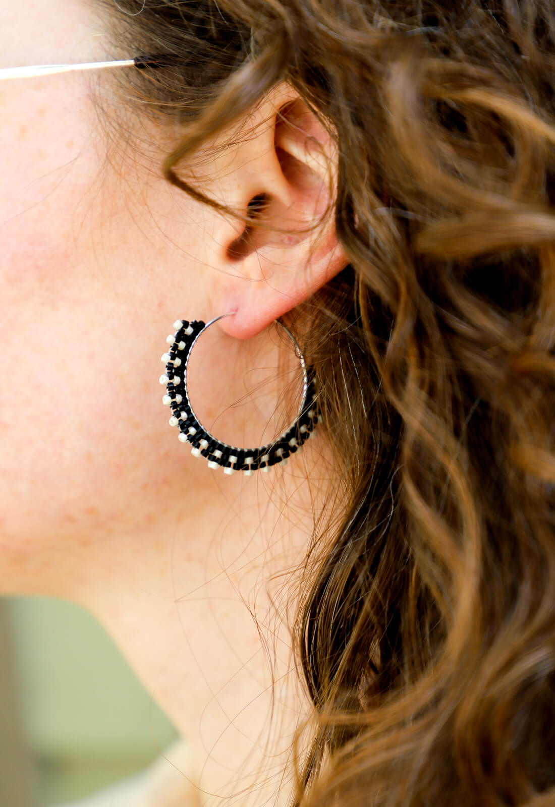 Beaded Hoop Earrings - Black and White