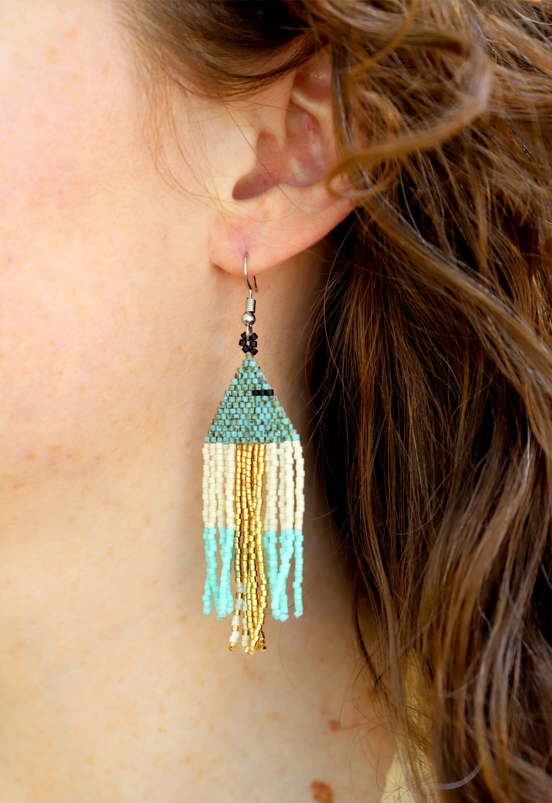 Beaded Triangle Fringe Earrings - Turquoise Multicolored