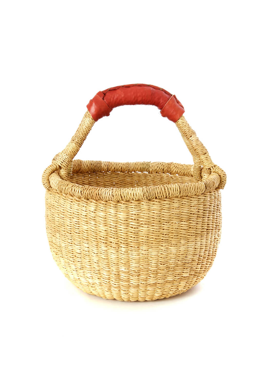 Small bolga basket, made in Ghana from tan elephant grass and red brown leather. 