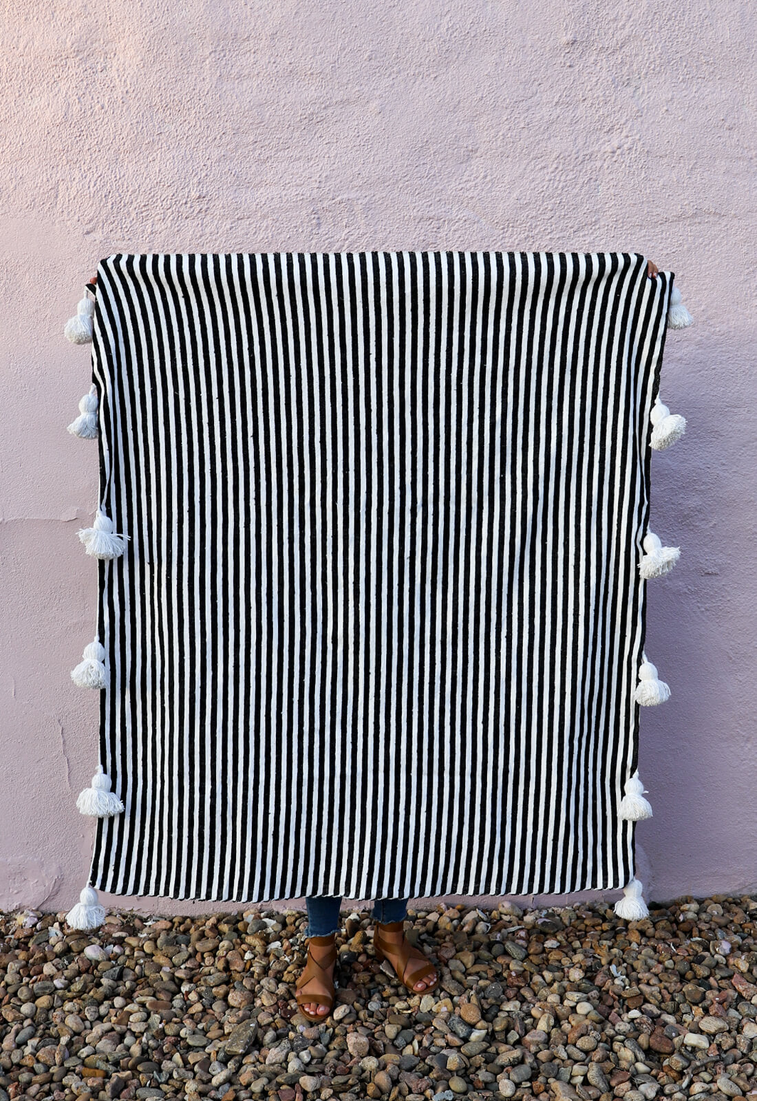 Authentic Hand Woven Moroccan Throw Blanket with Tassels - Black and White with White Tassels