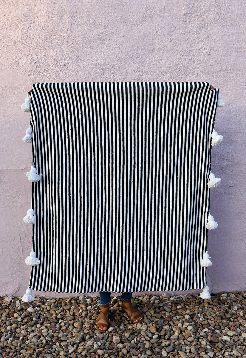 Black and White Striped Moroccan Throw Blanket with Tassels Zeal Living