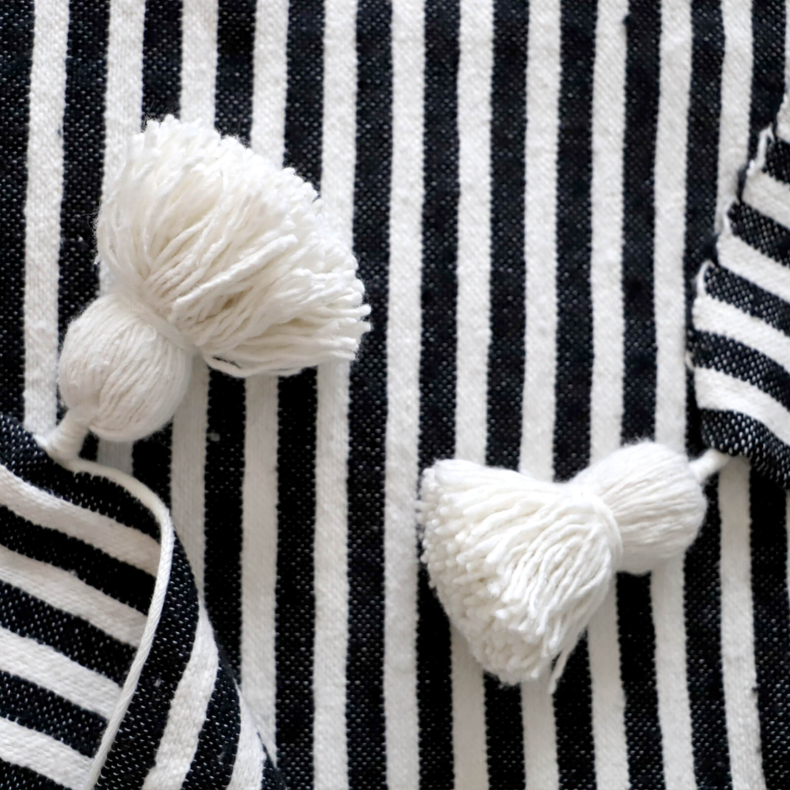 Authentic Hand Woven Moroccan Throw Blanket with Tassels - Black and White with White Tassels