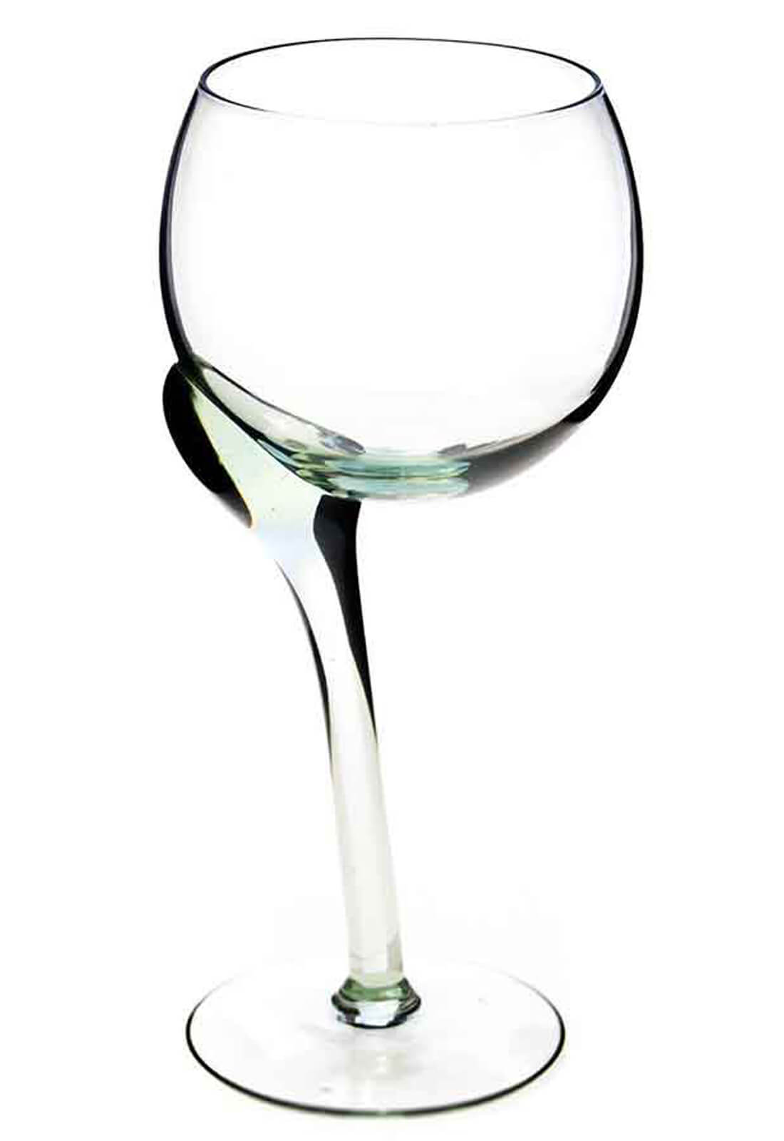 Crooked red wine glass, made of recycled glass with an olive green tint 