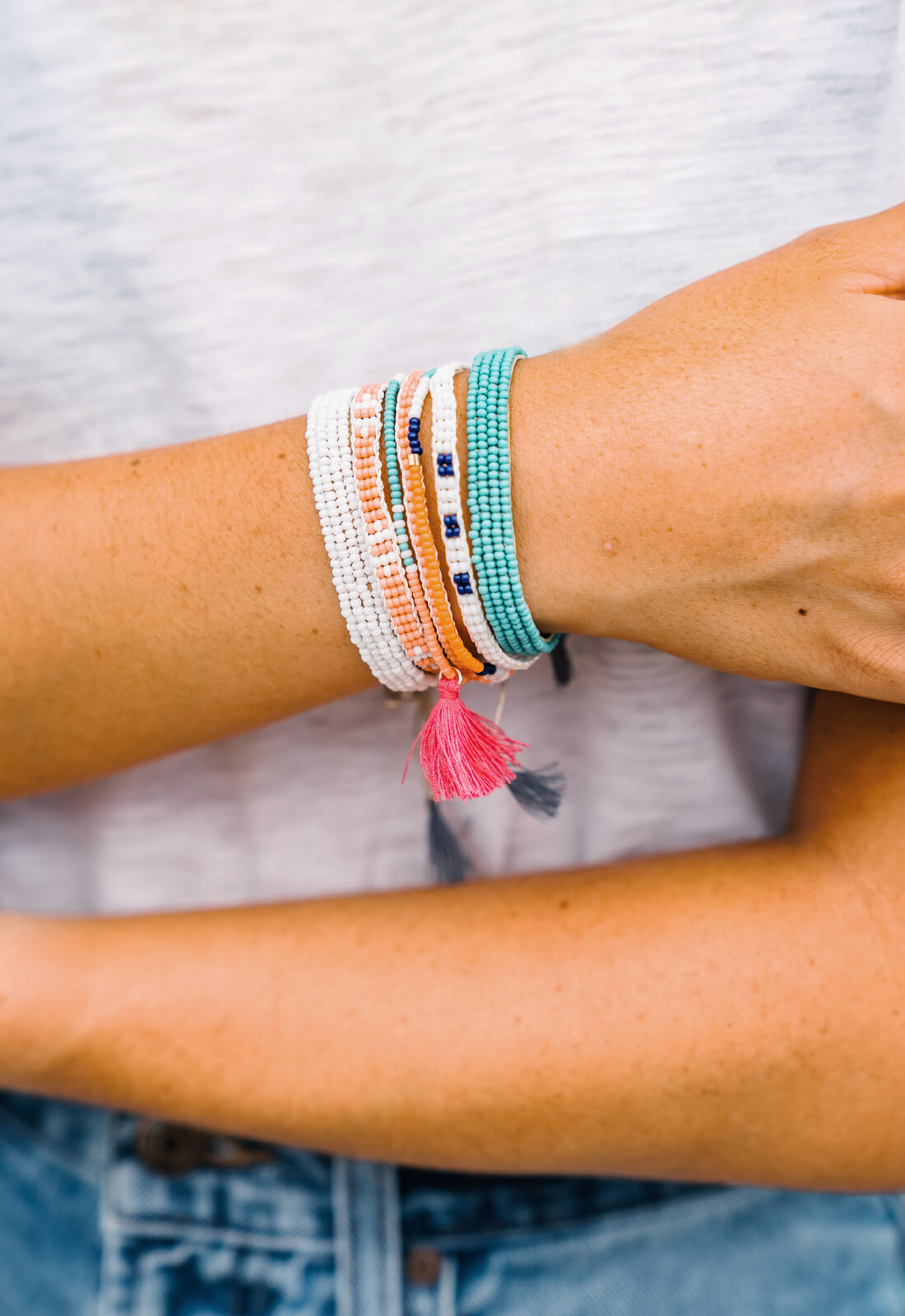 Beaded Leather Bracelet with Adjustable Closure - Aqua