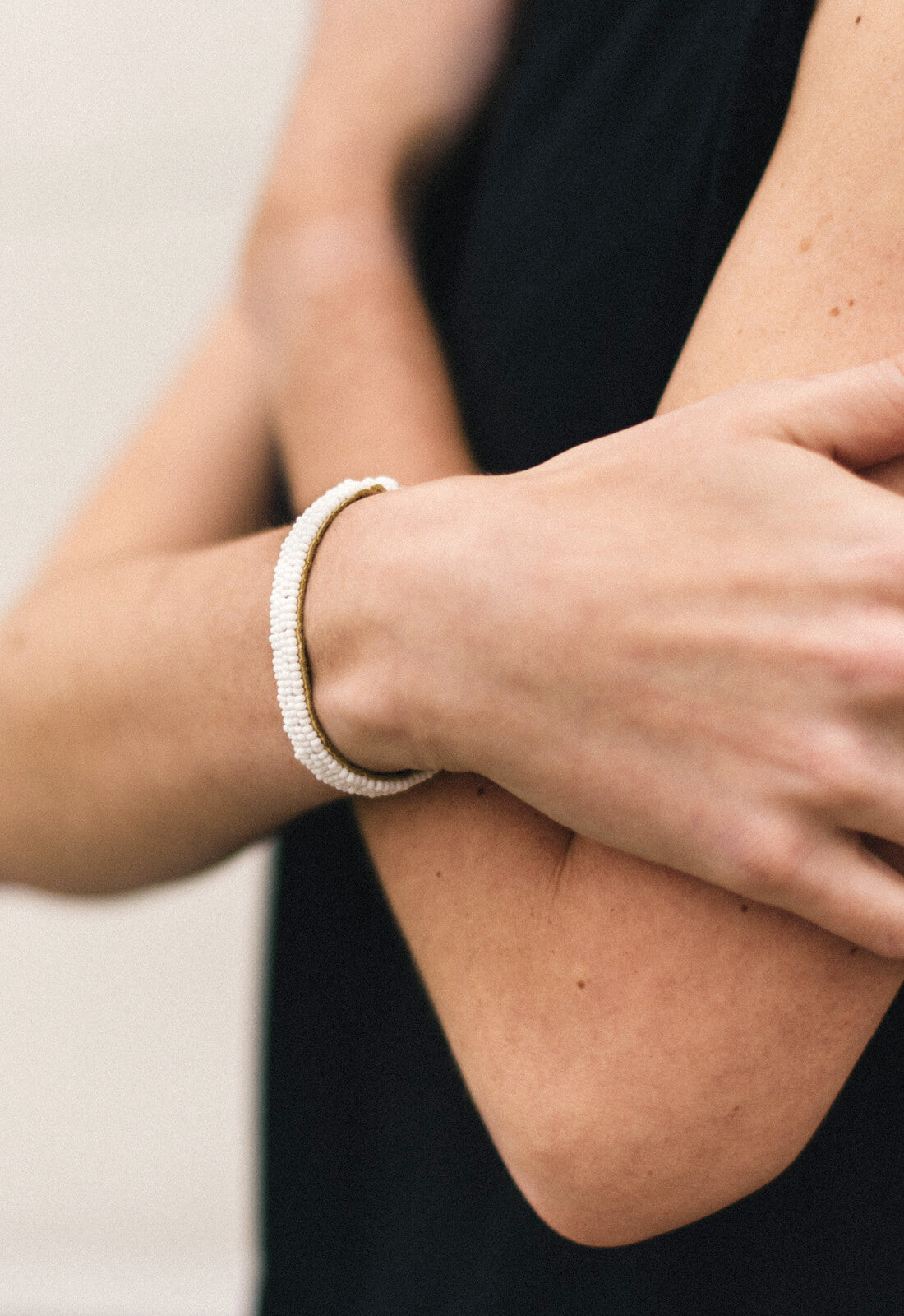 Beaded Leather Bracelet with Adjustable Closure - White