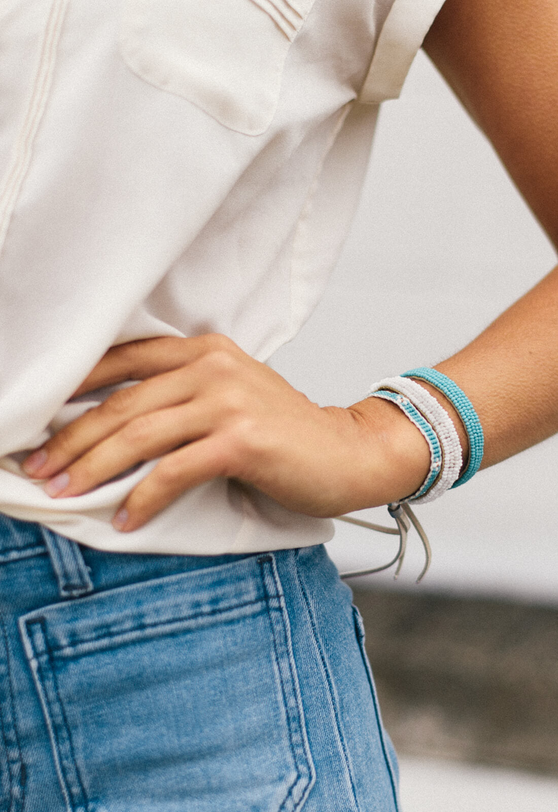 Beaded Leather Bracelet with Adjustable Closure - Aqua