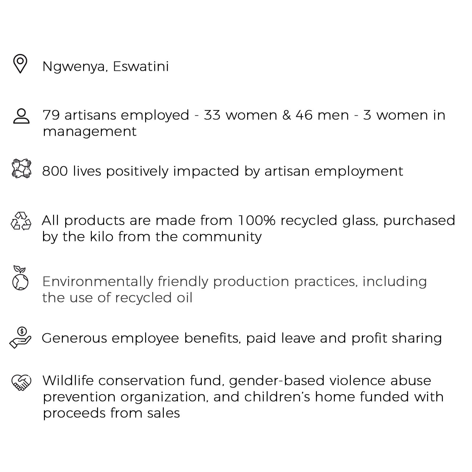 Bullet points explaining the impact of your fair trade glass purchase 