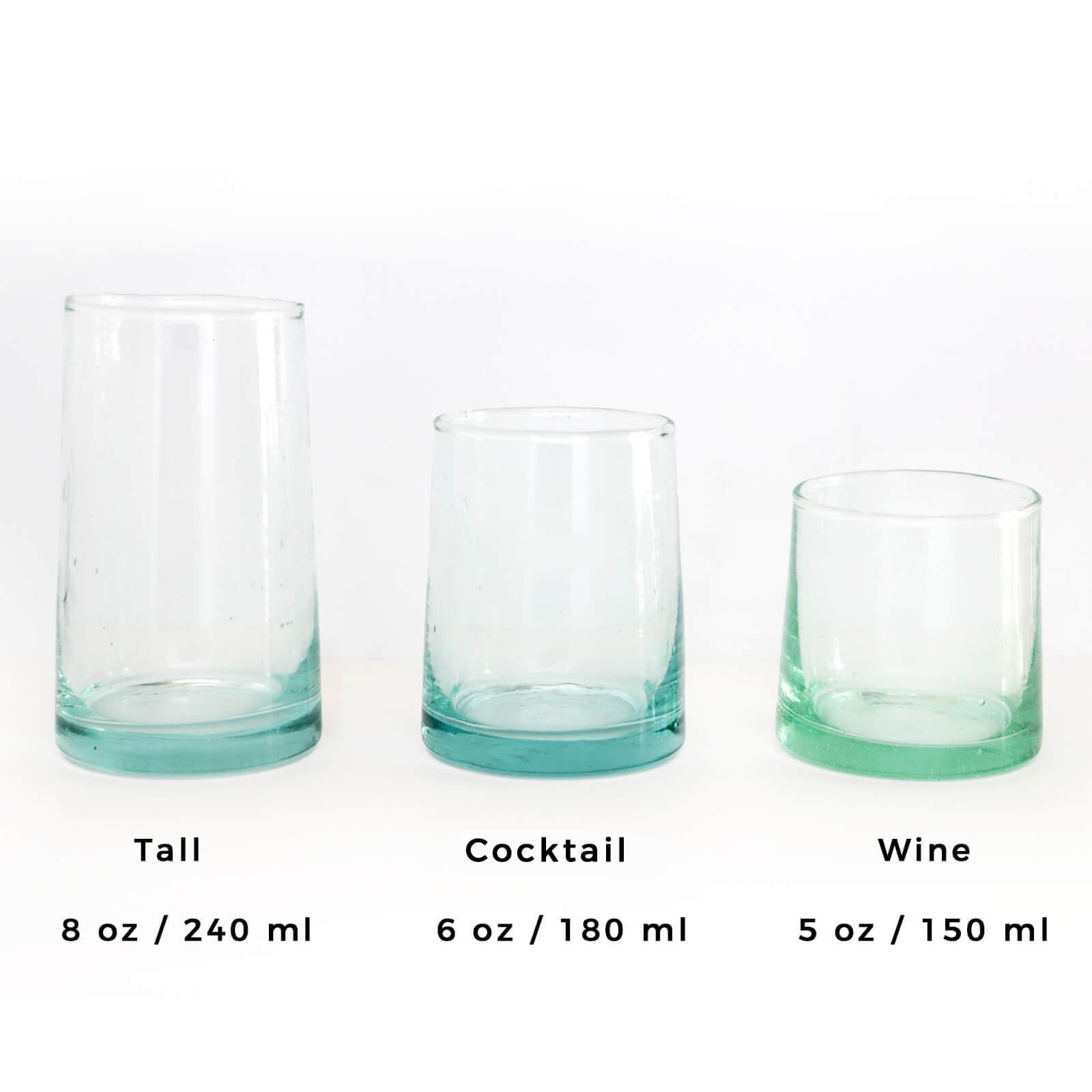 Size comparison chart showing the differences between the three drinking glasses in size and ounces 