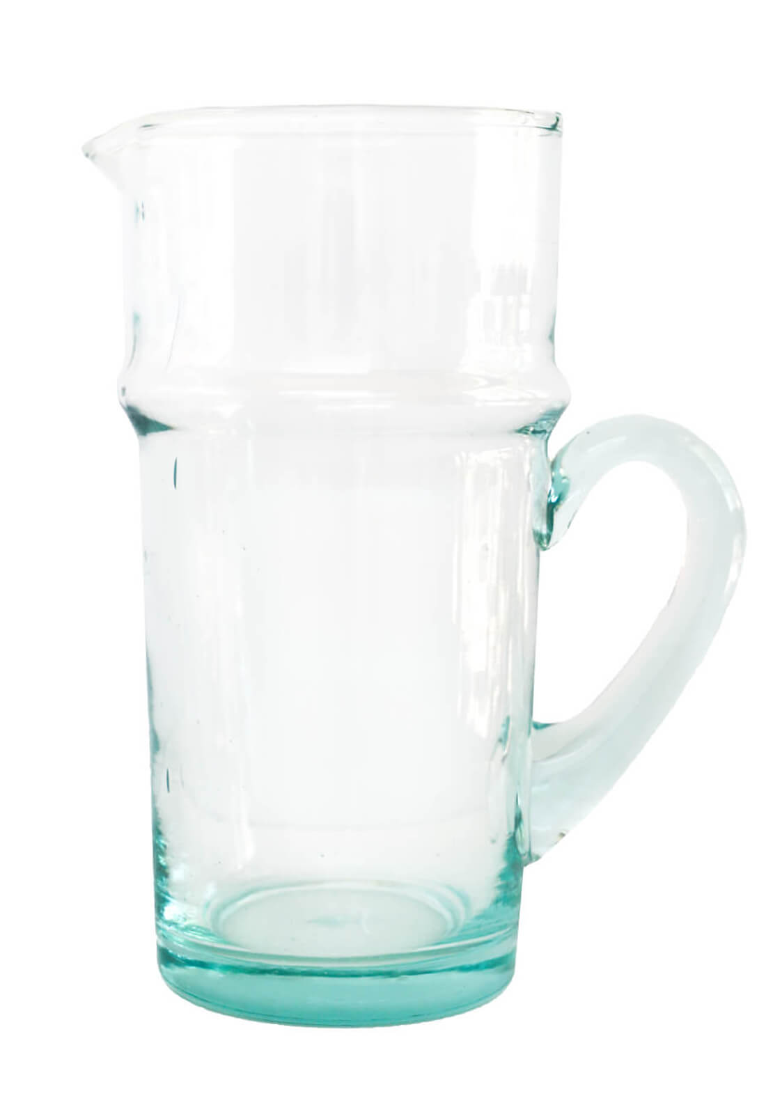Recycled glass curvy pitcher with a handle, made in Morocco 