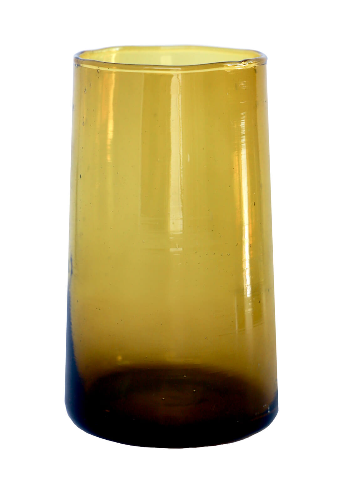 Tall amber colored drinking glasses, made from recycled glass in Morocco 